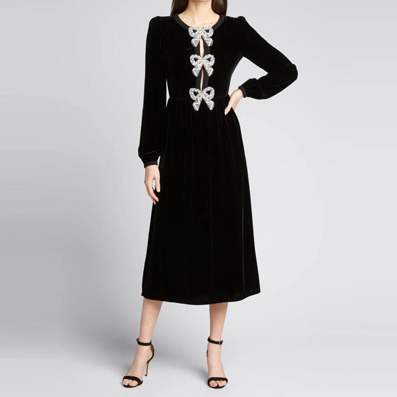

Casual Dresses High Quality Est Nice Designer Runway Women' Elegant Long Sleeve Beading Bow Velvet Dress, Black