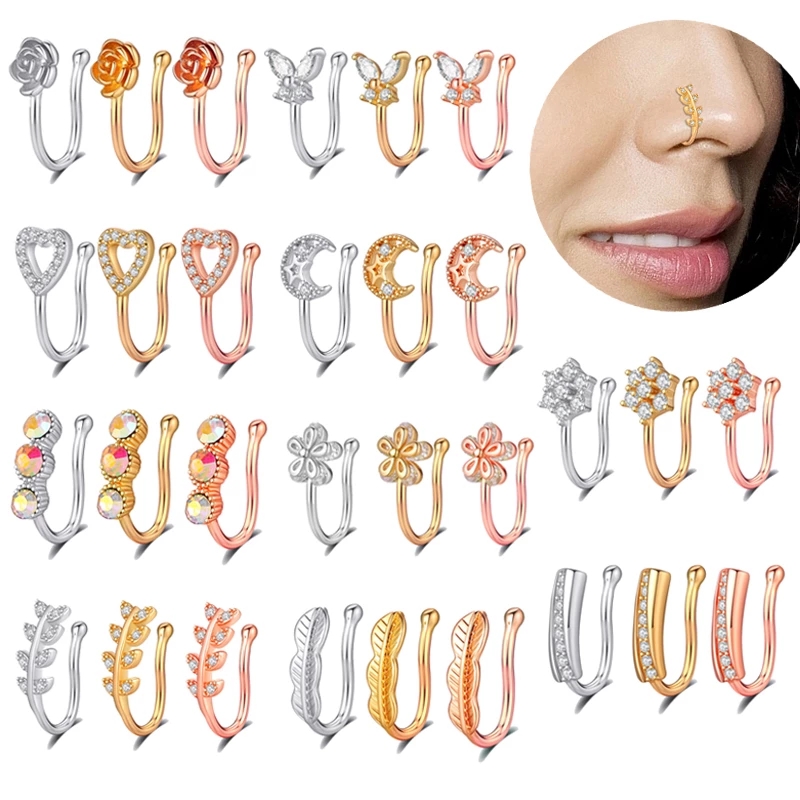 

Stainless Steel Heart Clip on Nose Ring Star Fake Nose Non Piercing Faux Nostril Cuff Tragus Earring Crystal Women Jewelry