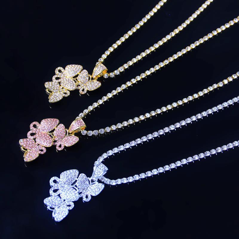 

Women Iced Out Butterfly Necklaces Animal Pendants Tennis Chain Jewelry Fashion Crystal Rhinestone Pendant Necklace Gold Silver Pink Color