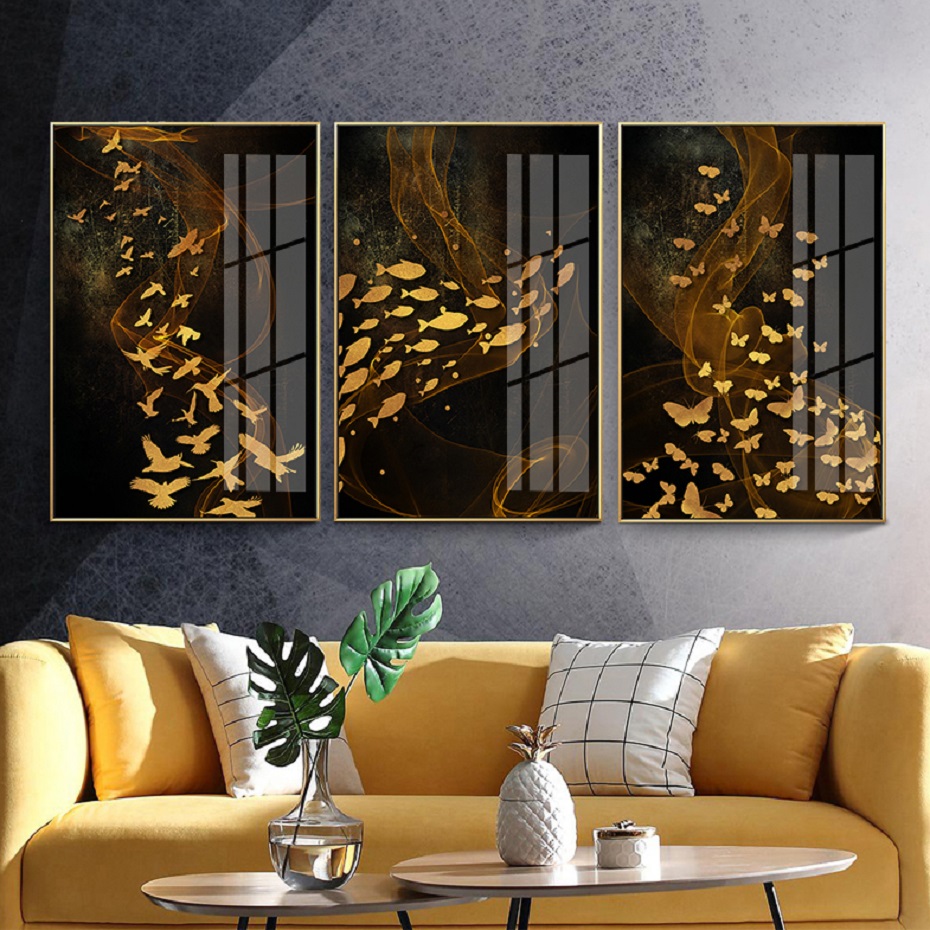 

Nordic Luxury Abstract Black and Gold Birds Fish Canvas Paintings Family Wall Art Posters Wall Prints for Living Room Home Decor