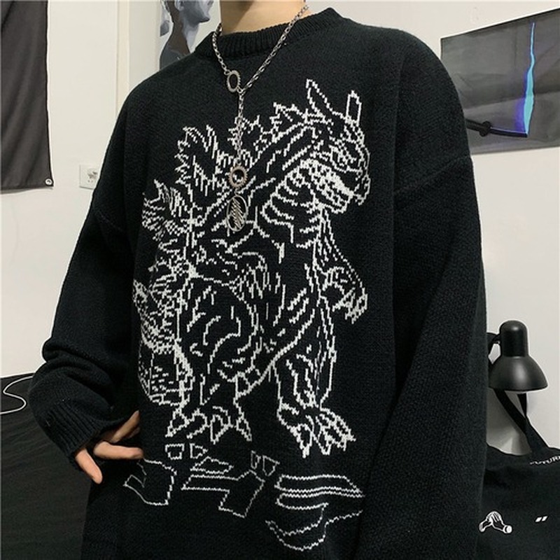 

Vintage Loose Pullover Sweater Women Long Sleeve Dinosaur Pattern Knit Tops Jumpers Korean Fashion New Streetwear Woman Clothes, White;black