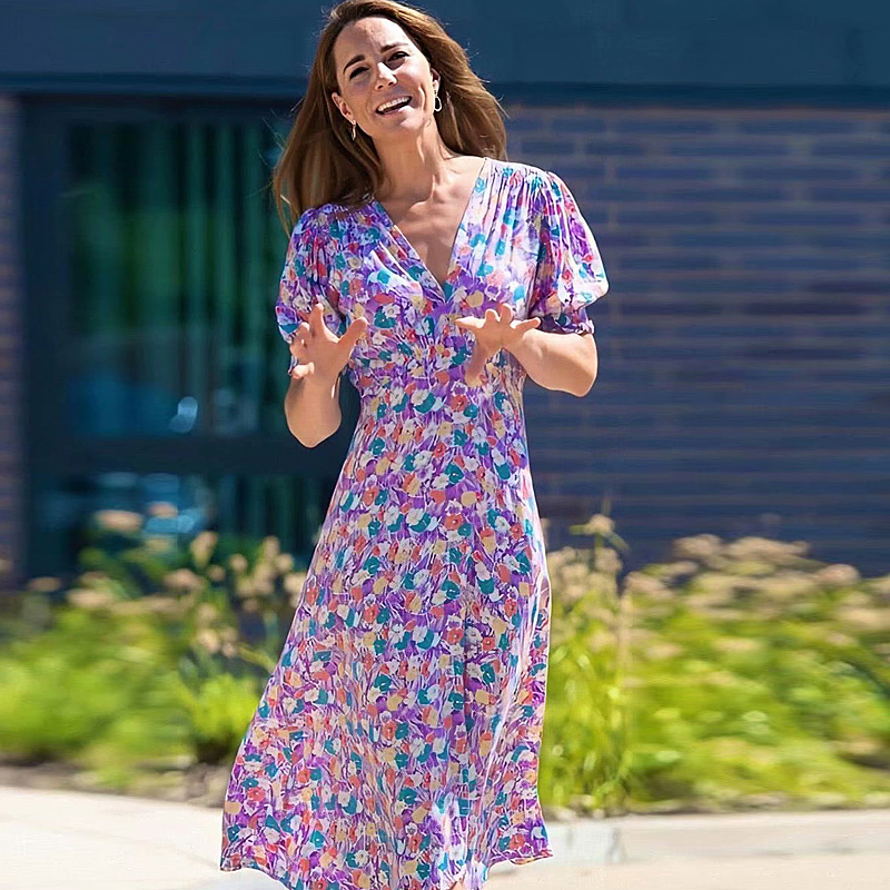 Kate Middleton High Quality 2021 Summer New Women's Party Outing Elegant Chic Gentlewoman Floral Midi Dress 83sy-image-666646502