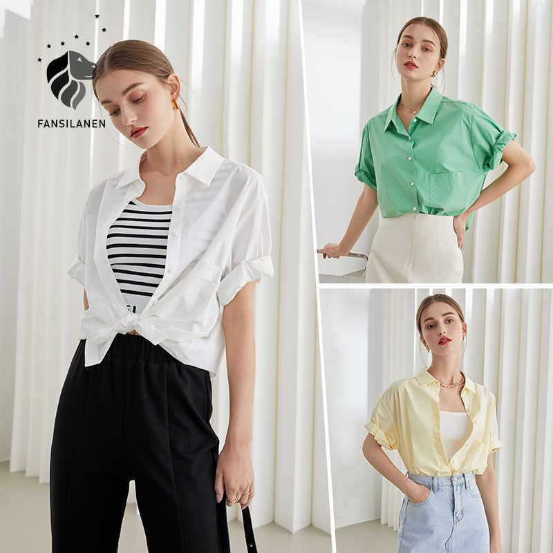 

FANSILANEN Office Lady Blouse Women's Summer Style Short-sleeved Korean Loose 100% Cotton Casual POLO Collar Shirt 210607, Light green