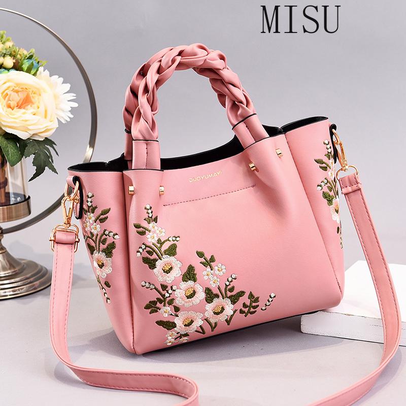

Weave handle Women Floral PU Leather Small Hand bags Casual Brand Fashion Designer Ladies Bag Shoulder White Female Handbags, Black