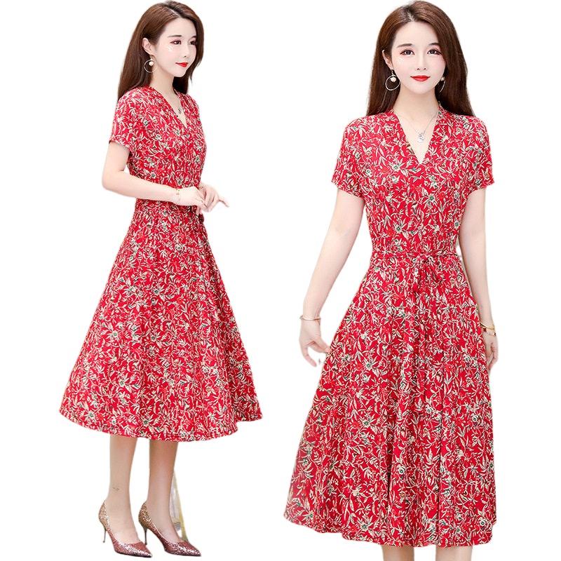 

Mothers Wear Summer New Mid-Length Short-Sleeved 40-50 Printed Middle-Aged And Elderly Women's Over-The-Knee Dress