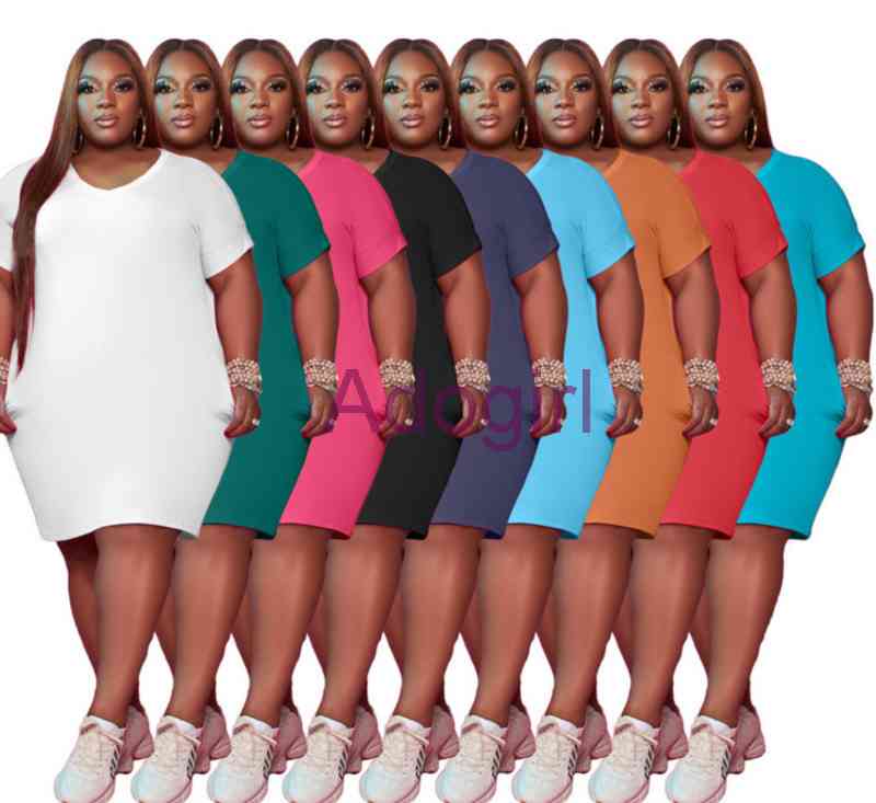 

Wholesale Casual Women's 9 Colors Summer Dress Plus Size Clothes Fashion Women V Neck Short Sleeve Tee Shirt Dresses For Ladies L-5XL, Light gray
