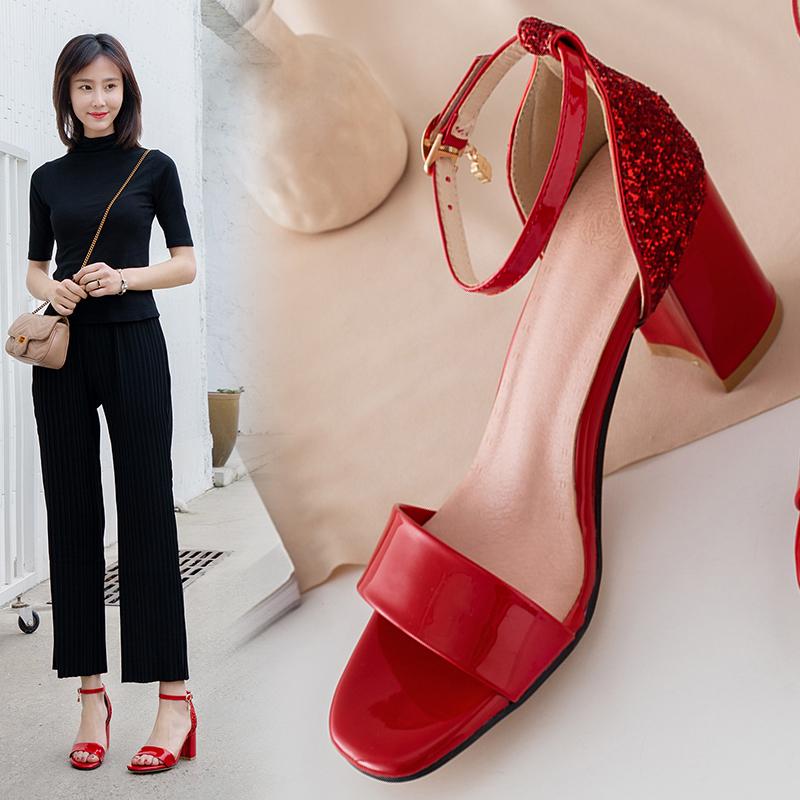 

Summer Ladies sandals High-Heeled Ankle strap Sandals sexy lady Party Dress Block Heels Gold silver red