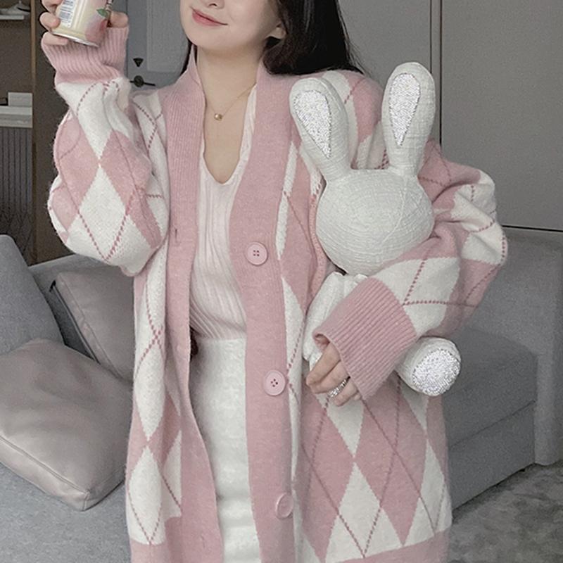

Women's Sweaters Oversize Argyle Cardigan Women Knitted Sweater Loose Single Breasted Causal Students V-neck Lovely Knitwear Fall Winter Top, White;black