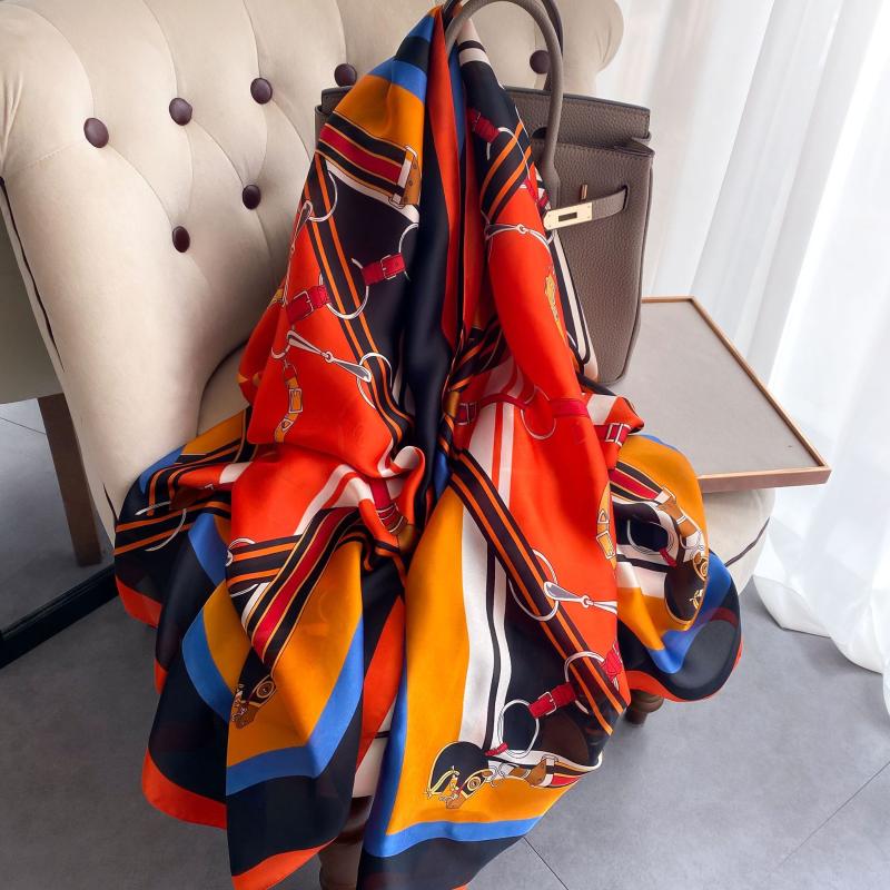 

Scarves Four Seasons Women's Long Silk Shawl Color Stitching Design Fashion Scarf Hijab Ladies Satin Beach Shade