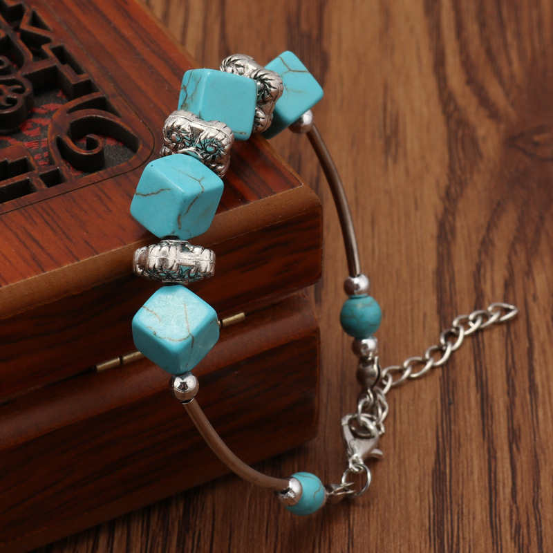

women's Square carving Tibetan silver Turquoise Link Chain Bracelets GSTQB012 fashion gift national style women men's DIY bracelet