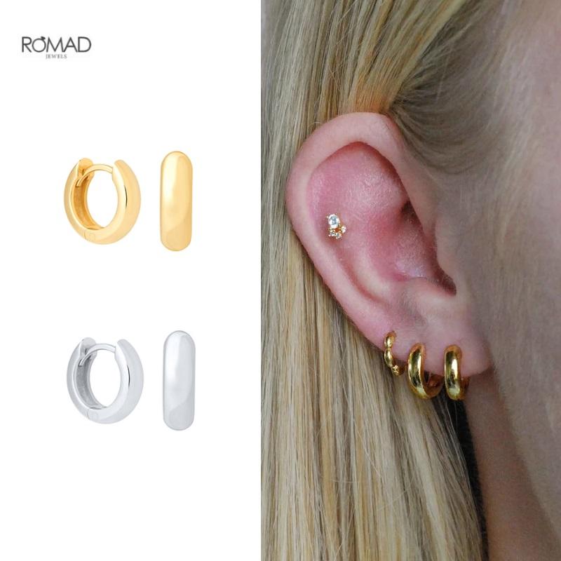 

Hoop & Huggie ROMAD Luxurious Wide Glossy Earrings For Women Fashion Minimalism INS Pierced Earings Hoops Silver 925 Jewelry Gift Brincos