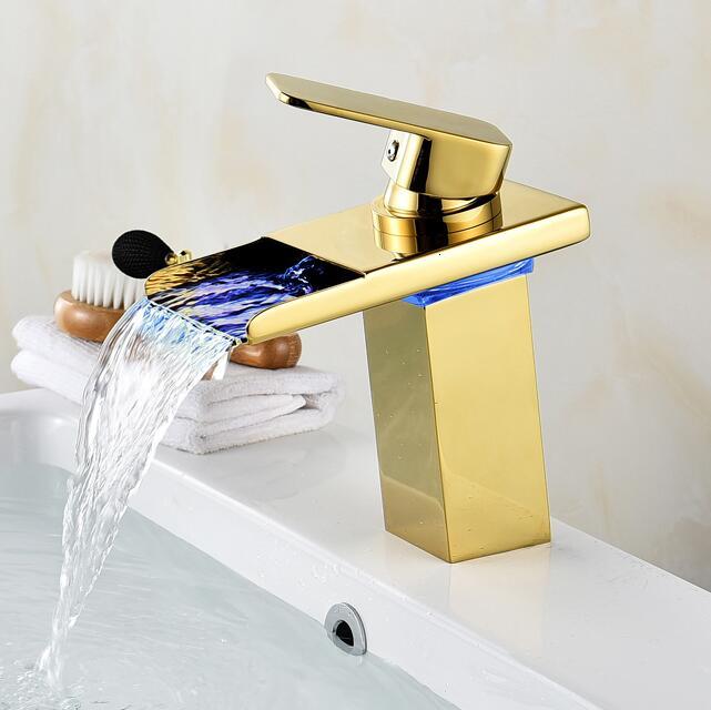 

2021 New Faucet Led Gold Waterfall Brass Faucet. Bathroom Deck Mounted Basin Sink Mixer Tap Fv4s