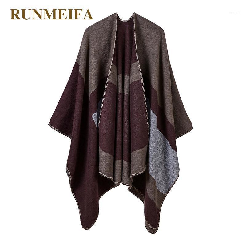 

Scarves RUNMEIFA Fashion Winter Simulated Cashmere Mantle For Women Striped Cape Two Sides Wear Femme Retro Knitted Cloak Artist Poncho, Blue;gray