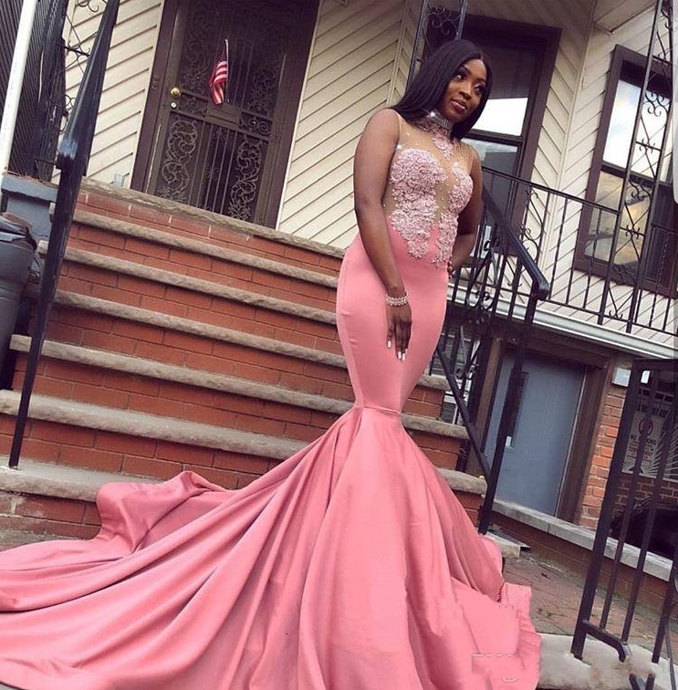 

2021 New Black Girls Mermaid Prom Es Long Sexy Sheer Bust Pink Formal Evening Gowns Lace Cocktail Party Sweet 10ui