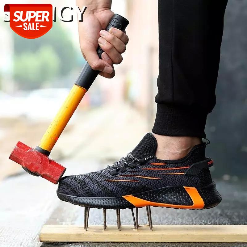 

Men Safety Shoes Anti Smashing Anti Puncture Mens Work Shoes Big Size Mesh Breathable Striped Fashion Soft Male Vulcanized #aM48