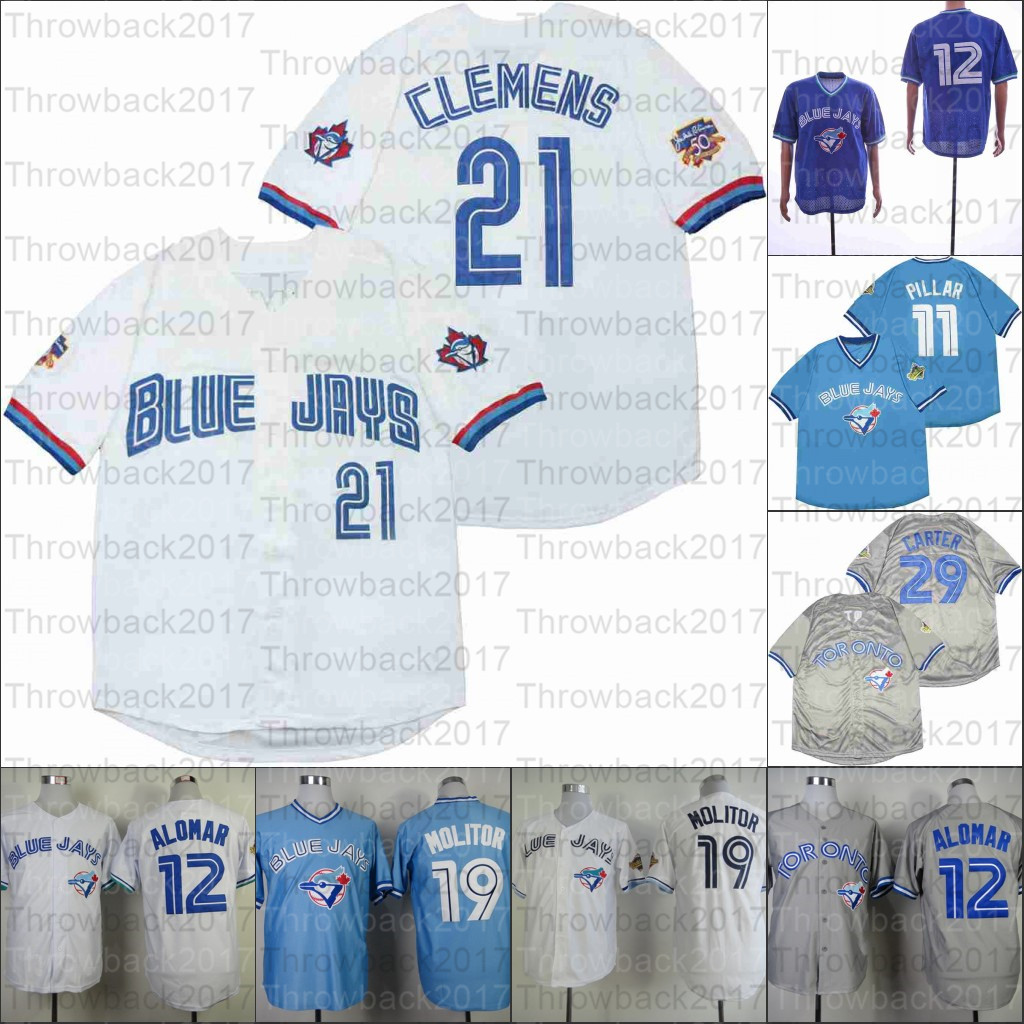 

Retro Baseball Home Jersey 29 CARTER 19 MOLITOR 21 CLEMENS 12 ALOMAR 11 PILLAR, As photo