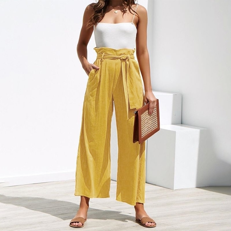 

Casual Cotton Linen Pants Women Spring High Waist Wide Leg Summer Office Band Palazzo Trousers Black Yellow Loose 210603
