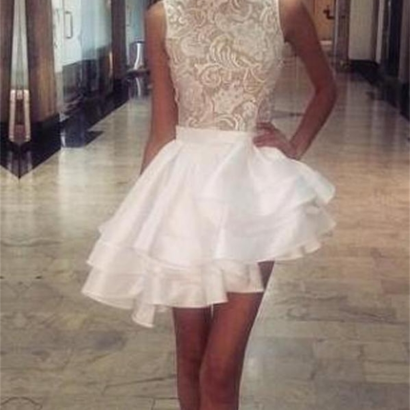 

2021 New Short Es High Neck Lace Satin Cocktail Party Tiers Ruffles Asymmetrical Mini Prom Celebrity Gowns 1r95, Champagne