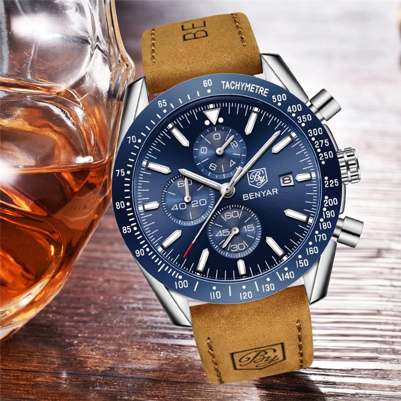

Wristwatches BENYAR 2022 Men Watch Business Quartz Casual Waterproof Sports Male Wristwatch Clock Relogio Masculino BY-5140M, L brown silver blue
