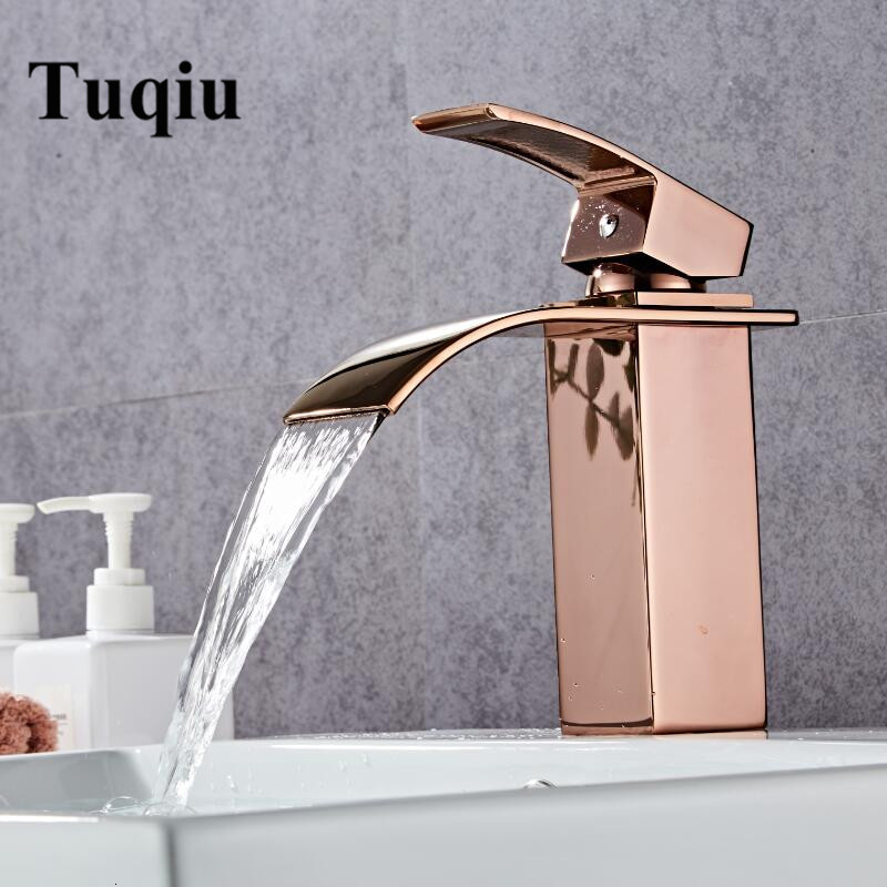 

2021 New Rose Gold Brass Bathroom Basin Faucet Cold and Hot Waterfall Mixer Sink Single Handle Deck Mounted Tap I46d