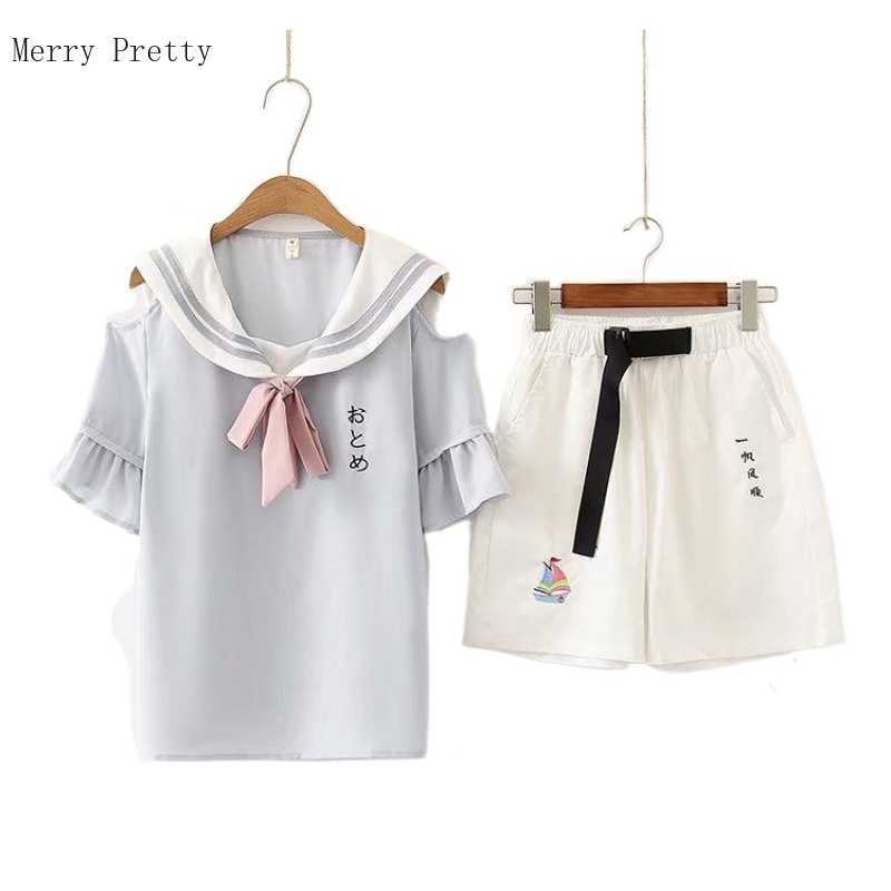 

Women Casual Short Sets Sailor Collar Off Shoulder Blouse and Hight Waist Cotton Shorts with Sashes Summer Clothing Set 210526, Shorts 3
