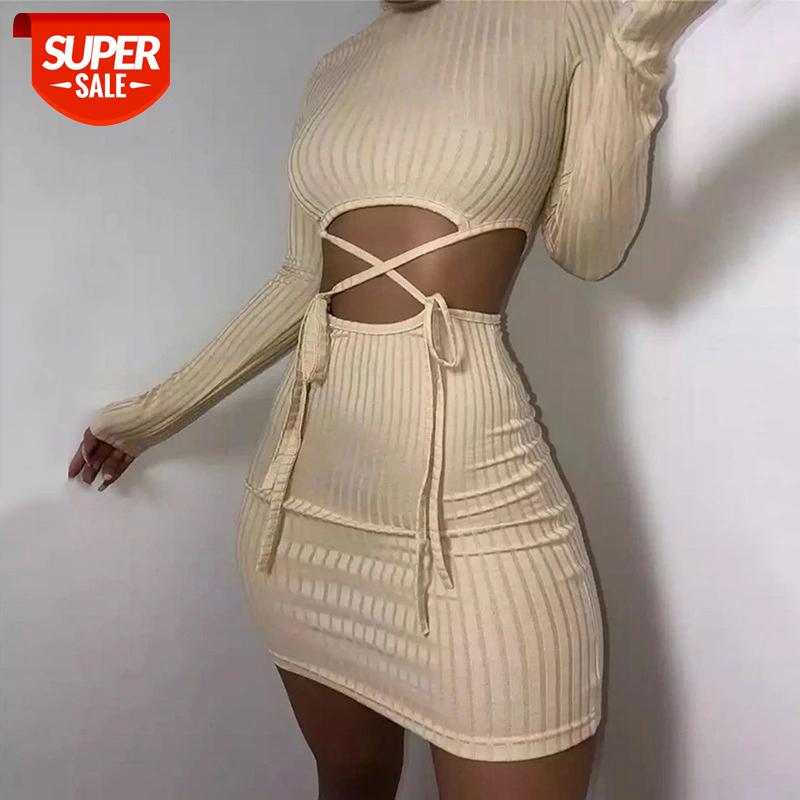 

hirigin Sexy Woman Dress Autumn 2020 Clubwear Ribbed Knitted Hollow Out Lace Up Turtleneck Long Sleeve Bodycon Dress #lV73, Black;gray