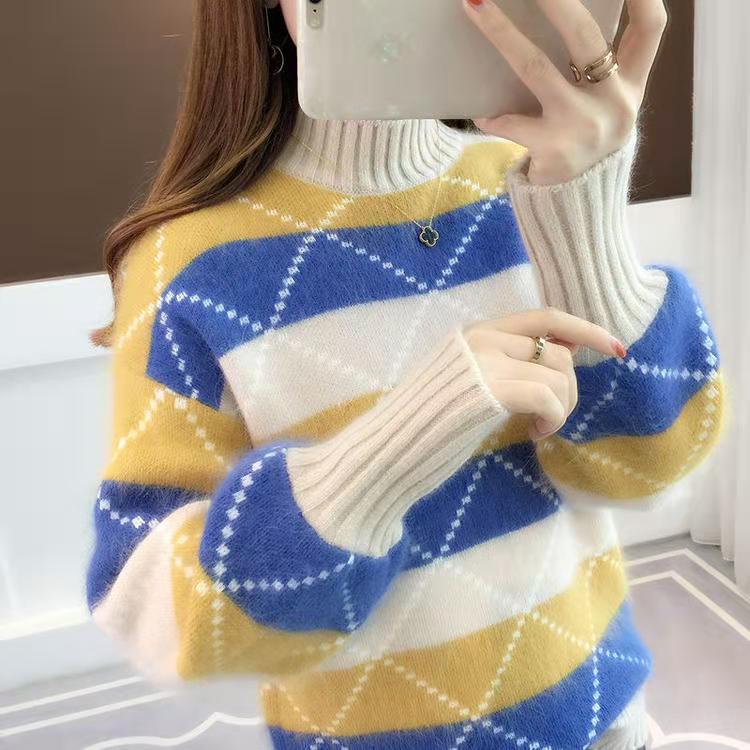

Winter New Korean Style Thick Fleece Inside Knitted Sweater For Women Fashion Half Turtleneck Pullovers Warm Plaid Sweater 2021, White;black