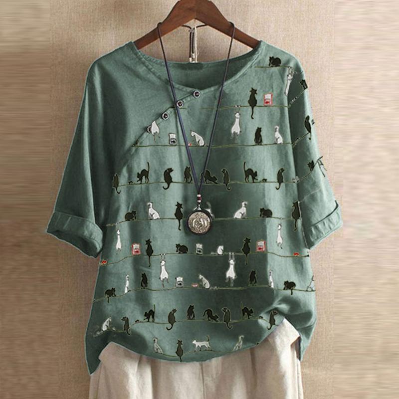 

Women' Blouses & Shirts Woman Clothing Summer Office Lady Big Size Tunic Tops 2021 Casual Short Sleeve Cat Print Shirt Blouse Blusa Feminin, Army green