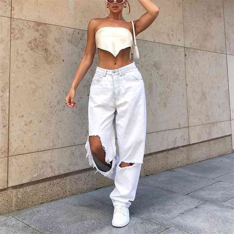 

High Waist Hole Ripped White Jean Y2K Vintage 90S Denim Straight Pants Streetwear Hollow Boyfriend Baggy Trousers 210629