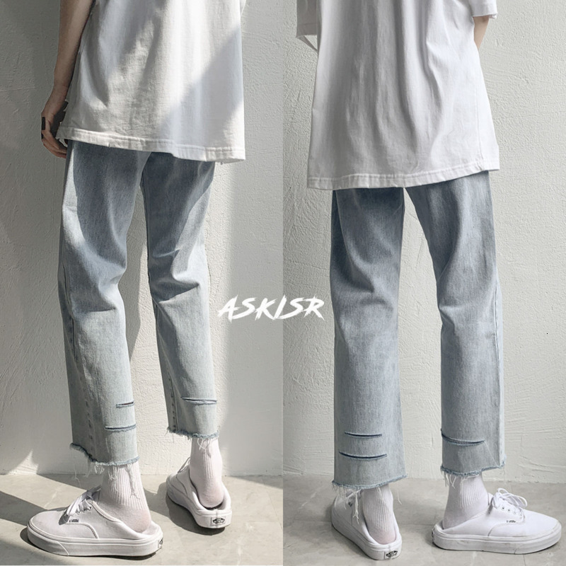 

2021 New Spring Summer Ripped Men's Slim Fashion Casual Wide-leg Jeans Men Streetwear Hip-hop Straight Denim Trousers Mens Pgee, Navy blue