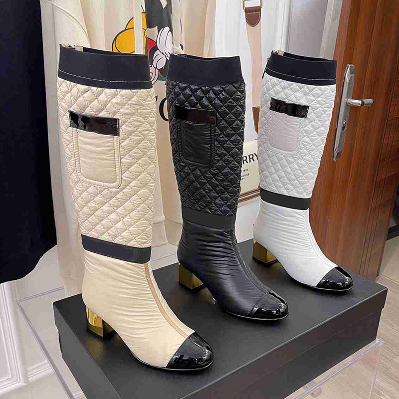 

Winter women knee high boots designer fashion plaid back zipper genuine leather 5cm electroplated chunky heels heel ladies down boot, Wear sticker