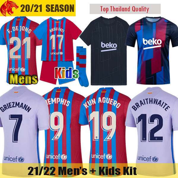 

21 22 FC Barcelona Soccer Jerseys MEMPHIS 2021 2022 MESSI GRIEZMANN Barça KUN AGUERO F.DE JONG BRAITHWAITE Football shirt ANSU FATI Mens Jersey Kids Kit, Kids 2122 away
