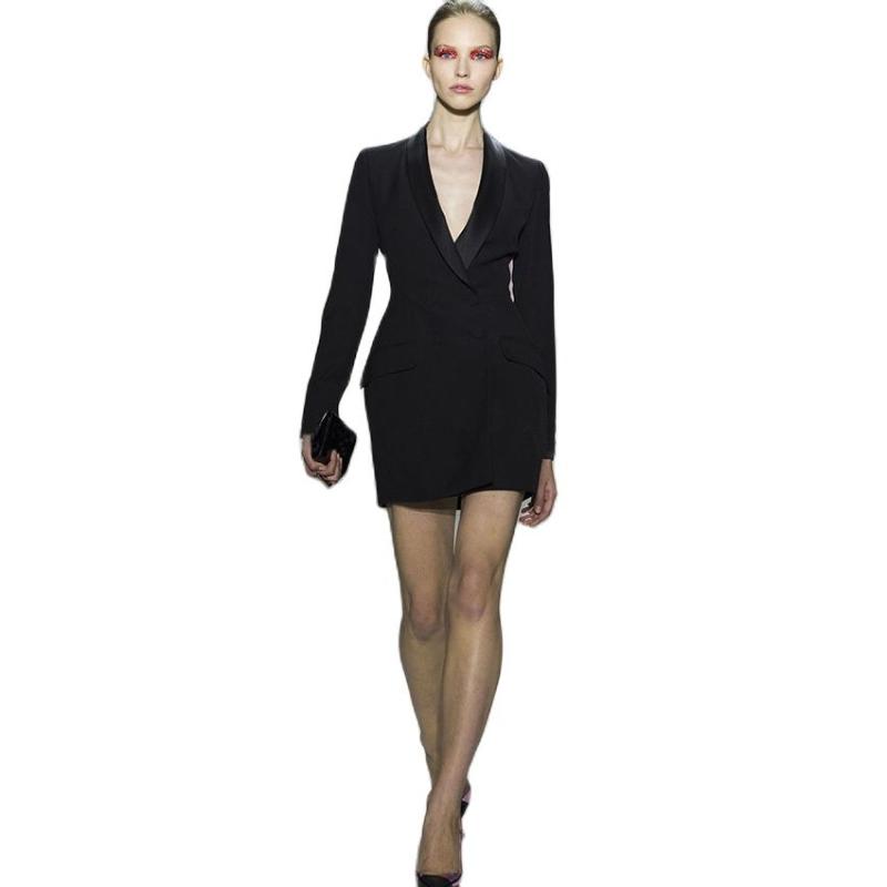 

Casual Dresses 2021 Fashion Designer Office Women' Long Sleeve Double Breasted Blazer Notched Collar Clothes Vestidos, Black