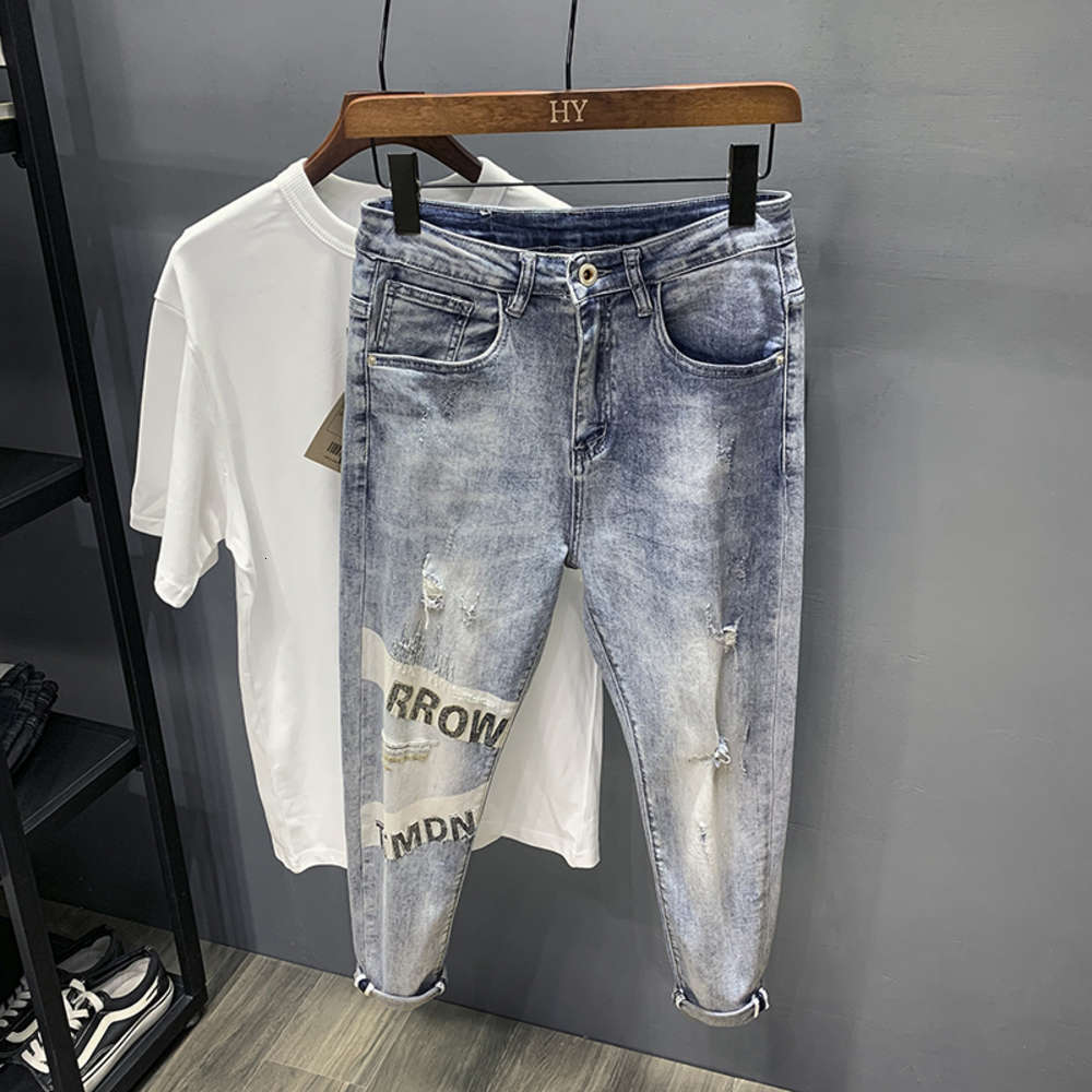 

Summer Korean men's jeans Capris spring hole beggars pants embroidery fashion brand ruffian handsome small feet Harem Pants thin, Blue