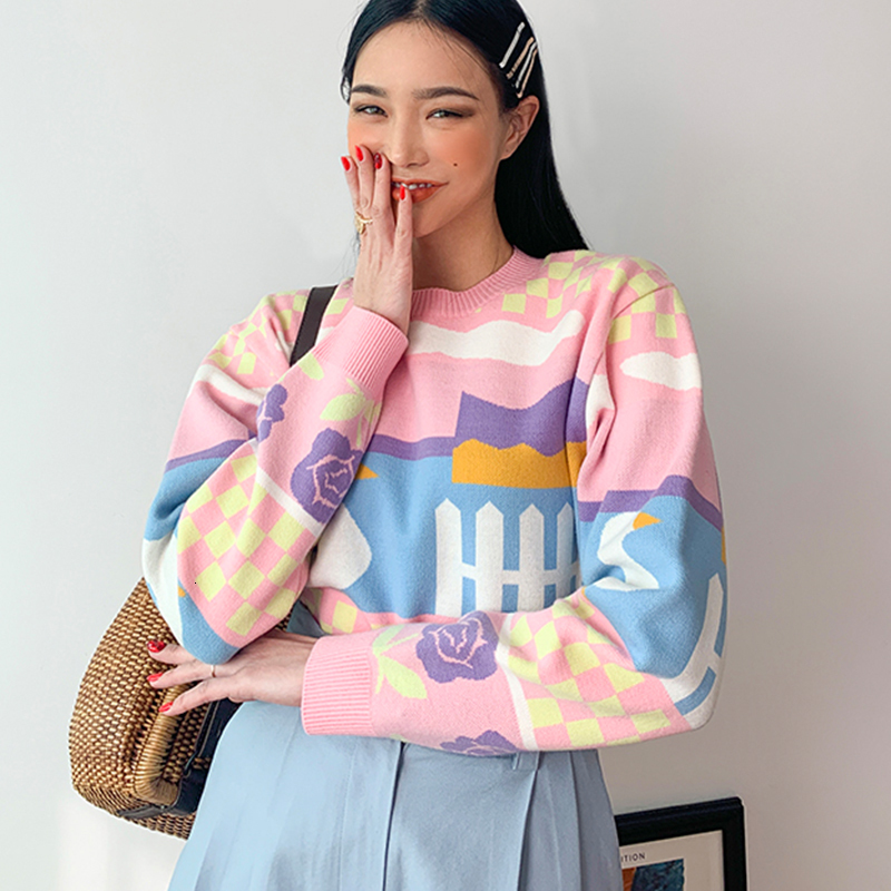 

2021 Pink Painting Sweet Girls Woman Sweaters Long Sleeve Winter Tops Pullovers New Korean Fashion Trend O-neck Loose Casual 673q