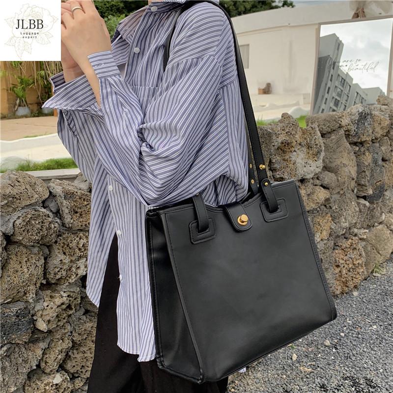 

Vintage women shoulder bag Large capacity Solid color female Handbags PU leather Women's Totes Shopping Bag bolsa feminin black