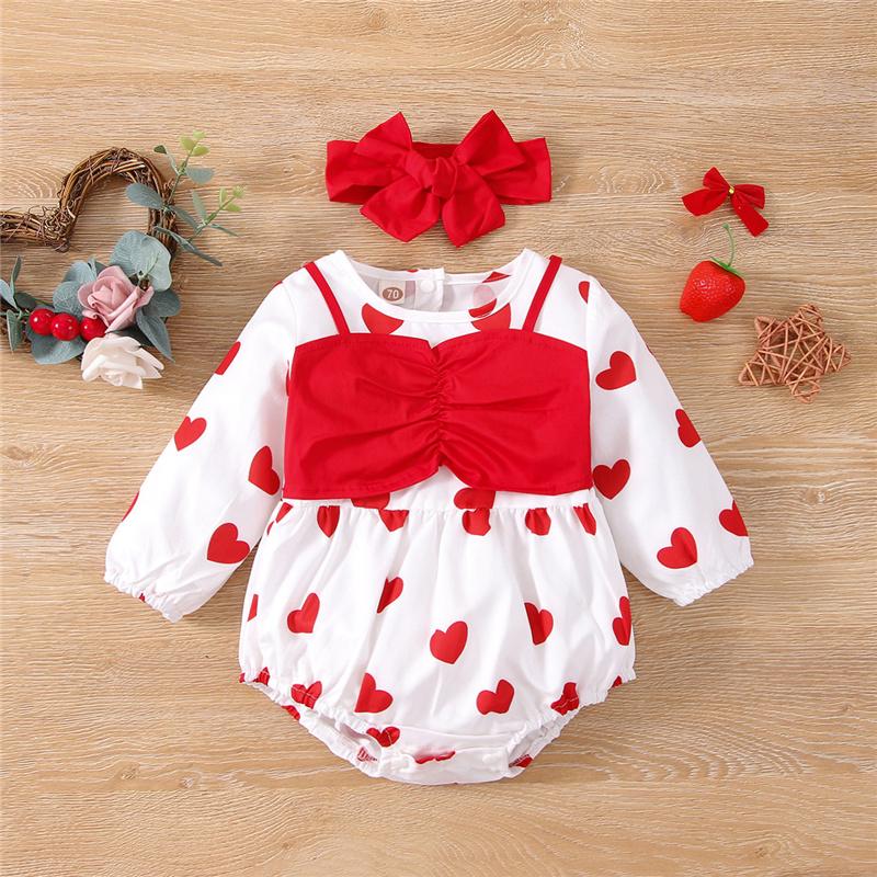 

Clothing Sets 2Pcs Born Baby Girls Spring Fall Sweet Cute Clothes Sets, Party Long Sleeve Heart Print Ruched Romper With Headband Set, White