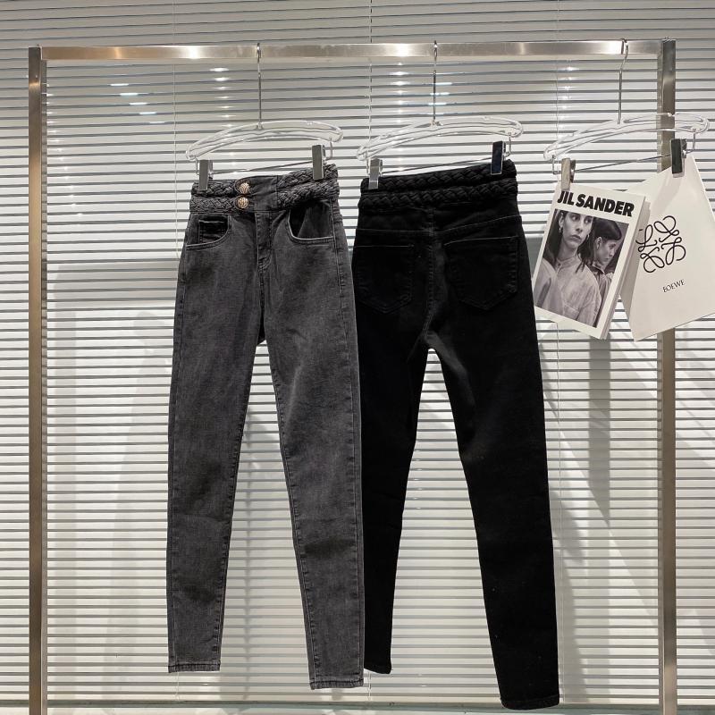 

Spring Women Arrival Fashion High Waist Belt Knitting Thick Rope Button Decoration Slim Denim Pencil Pants RD797 210525, Black