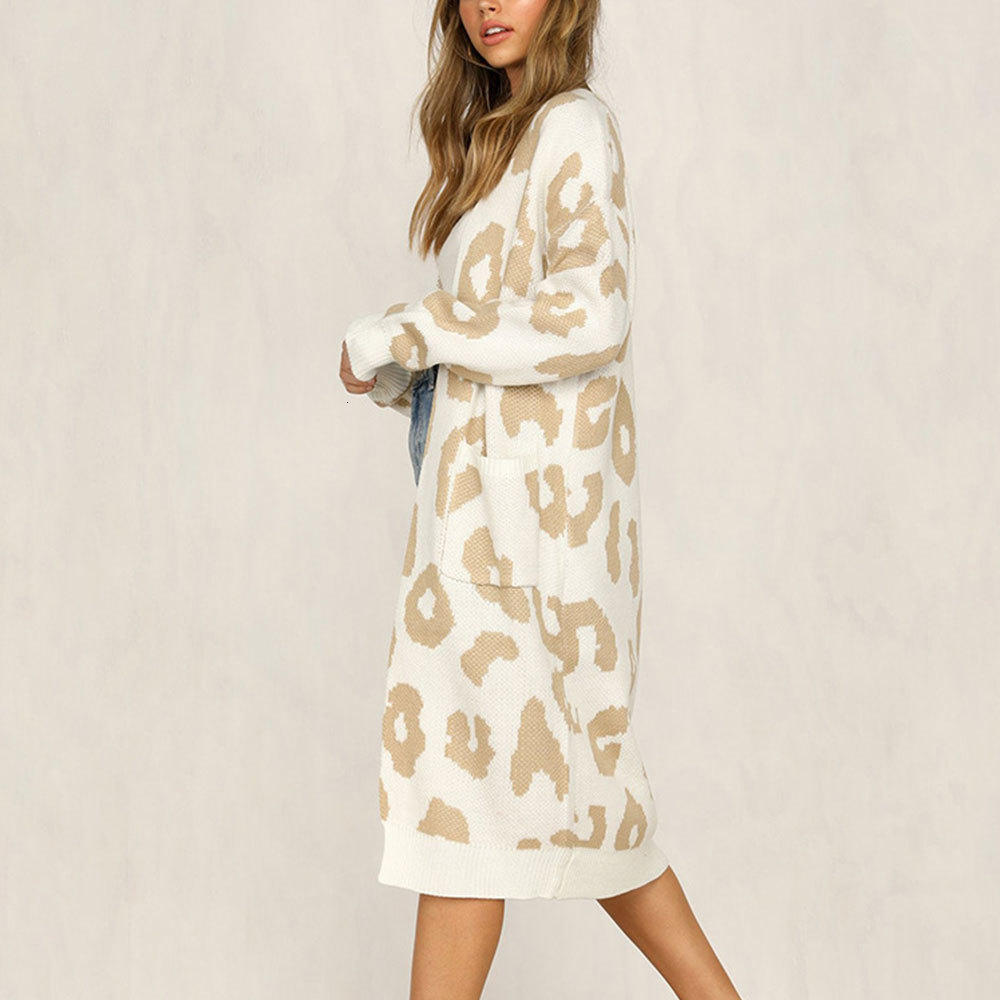 

2021 New Leopard Knitted Long Sleeve Sweater Women Autumn Fashion Outwear Overcoats High Street Cardigan Lpsy, White