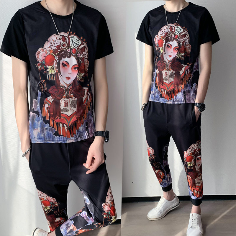 

2021 Summer New Fashion Brand Round Neck Printing Short Sleeve Suit Slim Two Piece Set T-shirt + Pant Moda Tracksuit for Men S874, Black