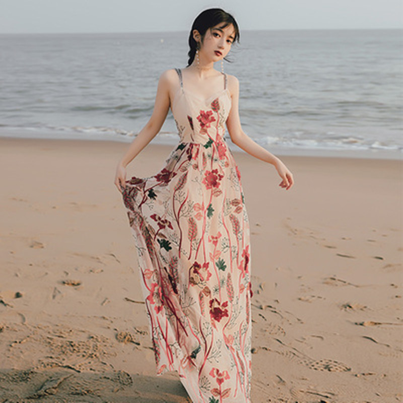 

Sexy Summer Dress Vintage Fashion Women Appliques Floral Embroidery Mesh Midi Chic Spagetti Strap Beach HOliday 210525, Picture color