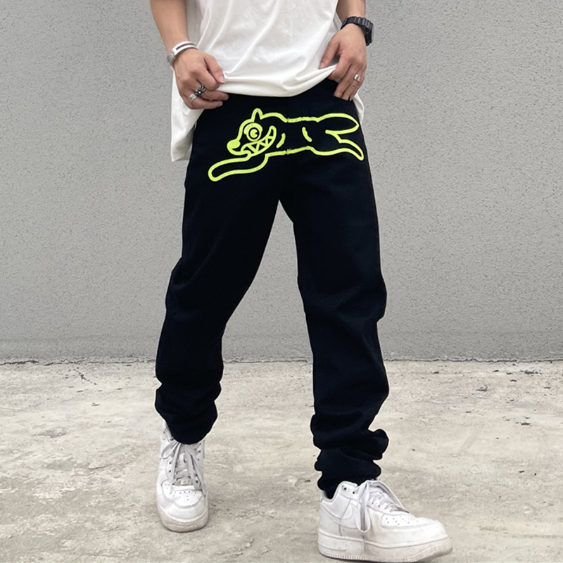 

High Street Green Print Overalls Embroidered Straight Loose Casual Jeans Pants Mens Oversize Denim Trousers, Black