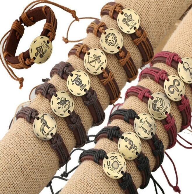 

Twelve Constellations Leather Bracelets Leather Wrap Bracelets zodiac Leather ps1463, Golden;silver