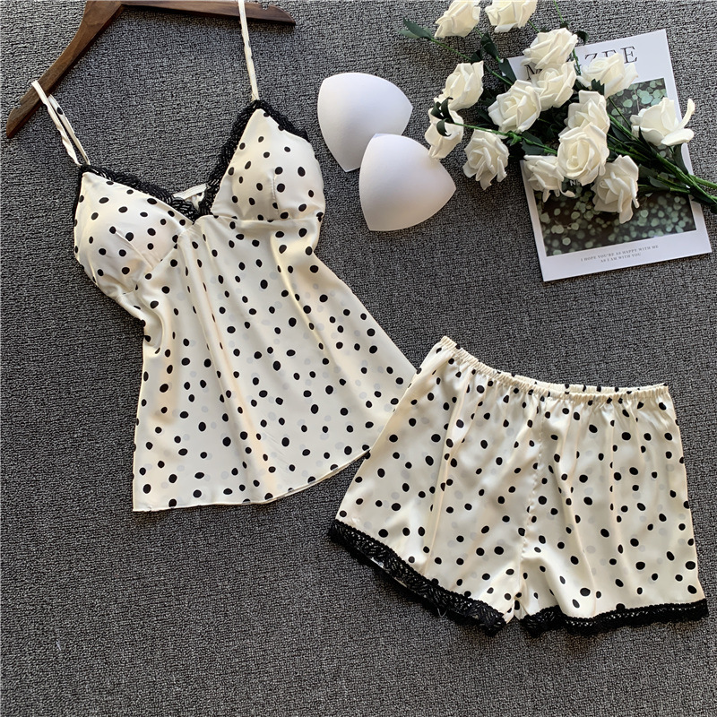 

Beige Satin Women Pajamas Sexy V-neck Backless Strap Top&shorts Summer New Home Clothes Vintage Dot Sleepwear 0l80