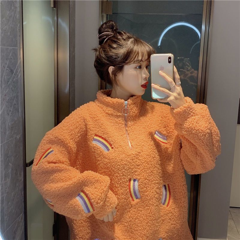 

women's hoodies & sweatshirts winter jacket rainbow printed coats loose cute lamb velvet padded coat fashion warm zipper collar sw, Black