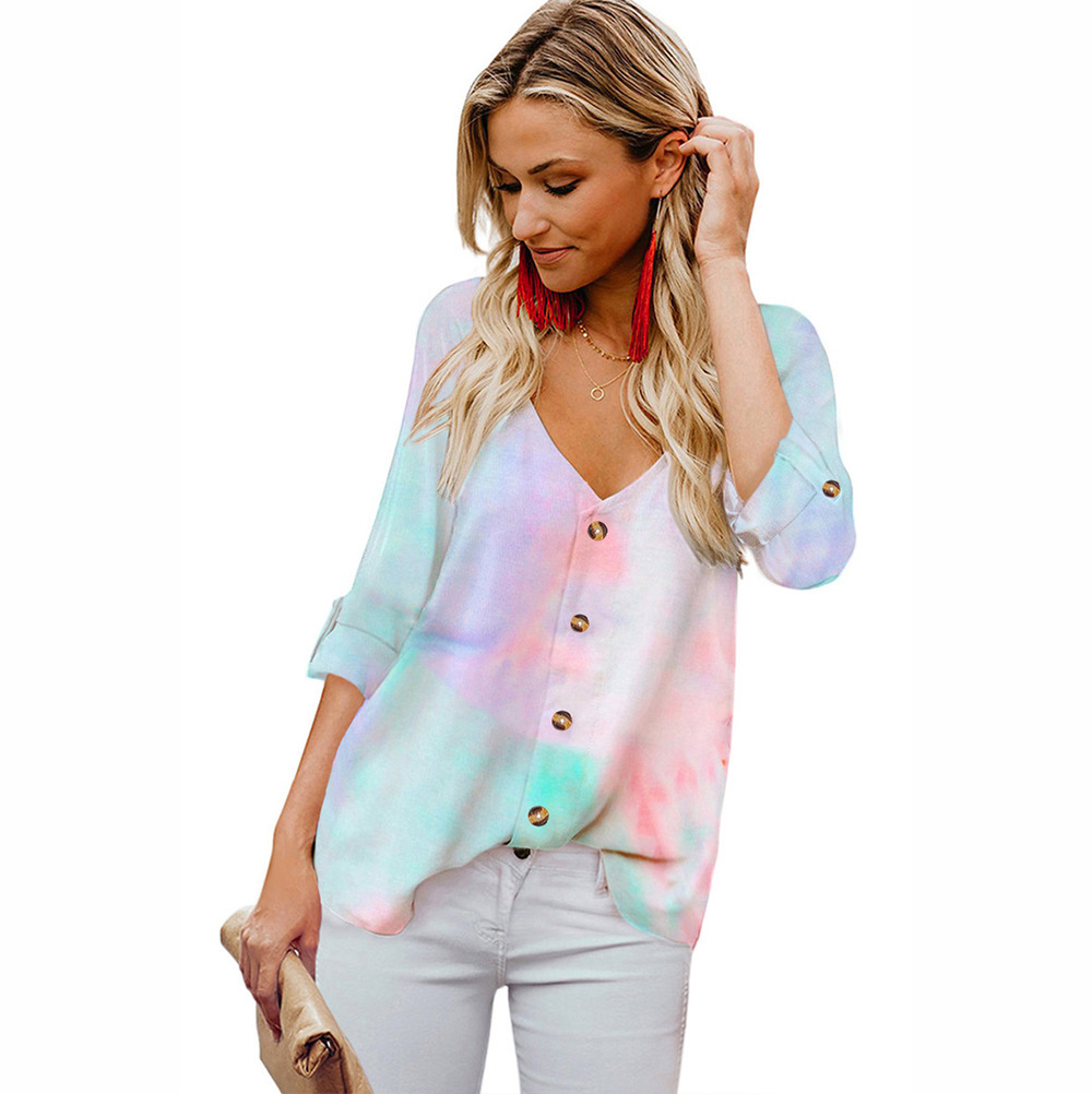 

New style tie-dye sweater shirt women V-neck single-breasted casual, White;black