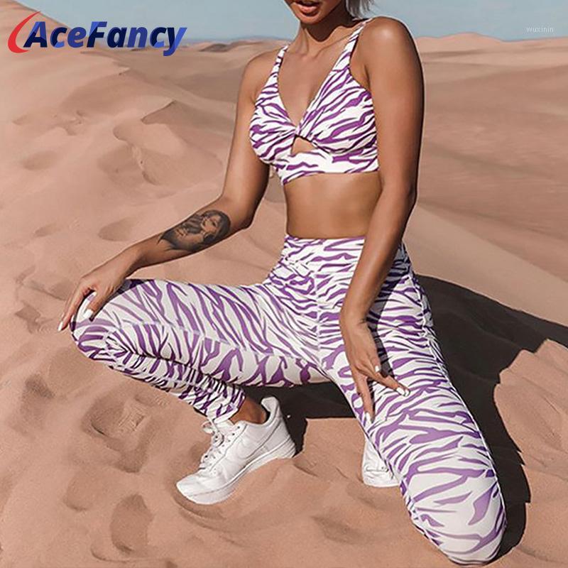 

Yoga Outfit Acefancy Women Set Fitness Clothing ZC4246 Purple Stripe Sport Bra Woman Push Up Leggings For Gym