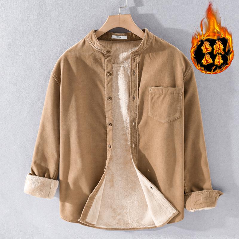

2021 Winter corduroy plus velvet thickening mens warm shirt long-sleeved solid shirts for men fashion comfortable shirt mens, Khaki
