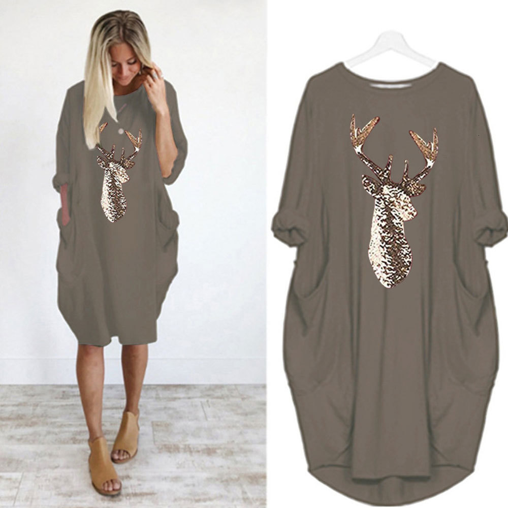 

2021 New Women Elk Print Loose with Pockets Spring Sleeve o Neck t Shirt Casual Long Tops Streetwear 1mmq