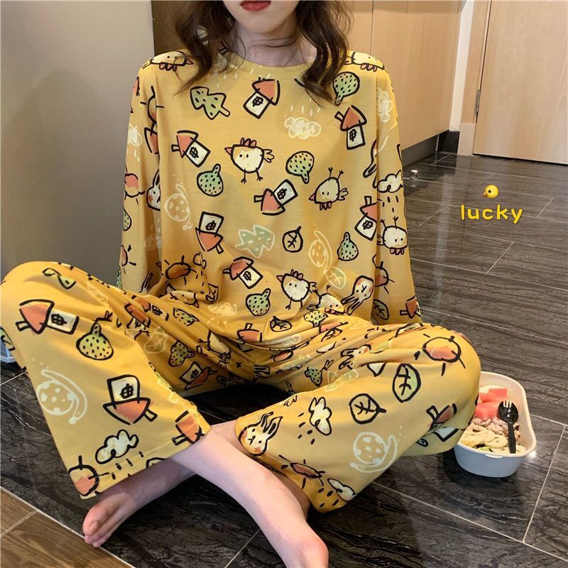 

2021 New Long Sleeve Sleepwear Women Set Cartoon Print Pajamas Spring Autumn Cute Leisure t Shirts and Pants Homewear Home Clothing Pjs K4oi, Orange